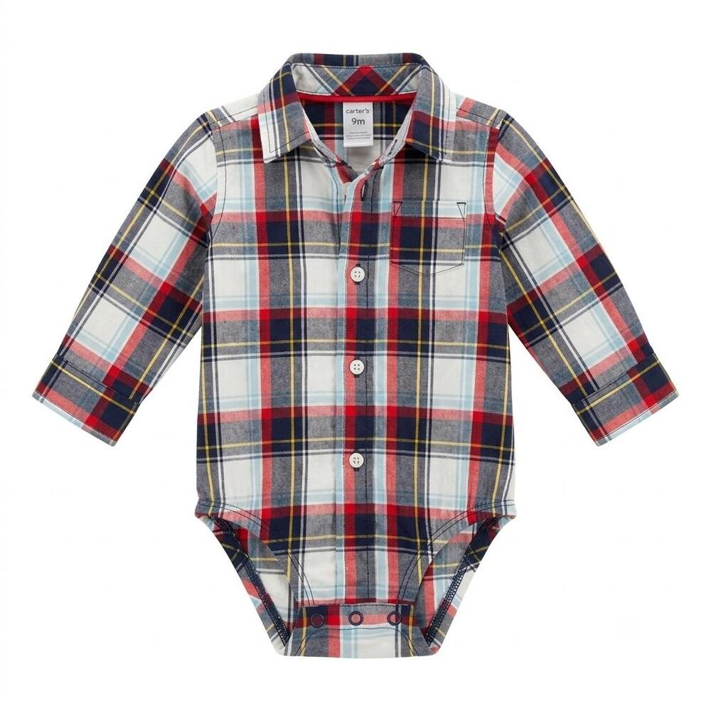 Carter’s Baby Red, Navy & White Plaid Long-Sleeve Button-Down Bodysuit - Size 9M